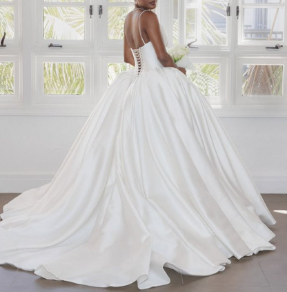 Classy Spaghetti Straps White Satin Long Wedding Dress SP1053