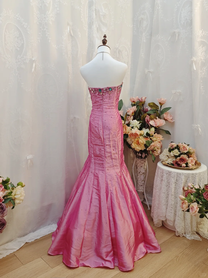Gorgeous Strapless Pink Satin Pleated Mermaid Long Evening Dress 17th Birthday Dress With Beads SP2257
