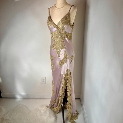 Classy Spaghetti Straps Purple Satin Gold Appliques Side Slit Long Prom Dress Party Dress Y9715