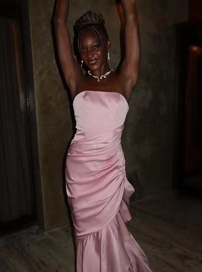 Pink Elegant Mermaid Evening Dress Strapless Pleated Prom Dress Y8126