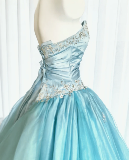 Fairy Sweetheart Neck Blue Tulle Appliques Long Wedding Guest Dress Formal Party Dress SP1633