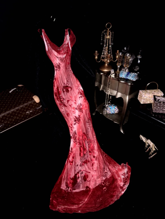 Glamorous Red Chiffon Print Floral Beaded Mermaid Prom Gown Birthday Party Dress SP755