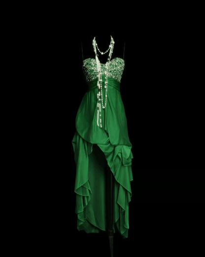 Charming Spaghetti Straps Satin Beaded Long Party Dress Green Prom Dress SP4173