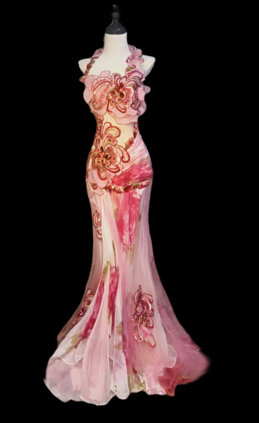 Glamorous Halter Pink Sequin Beaded Mermaid Party Dress Long Prom Gowns SP515