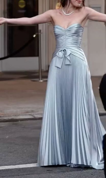 Glamorous Blue Satin Pleated Long Party Dress，Sweetheart Neck Long Wedding Guest Dress SP3341