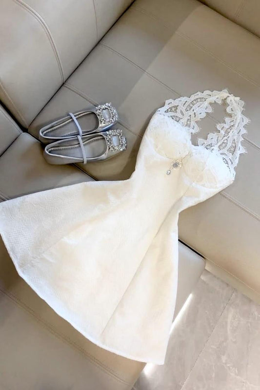 Elegant White Halter Lace Satin A Line Graduation Homecoming Dress Short Prom Dress SP2751