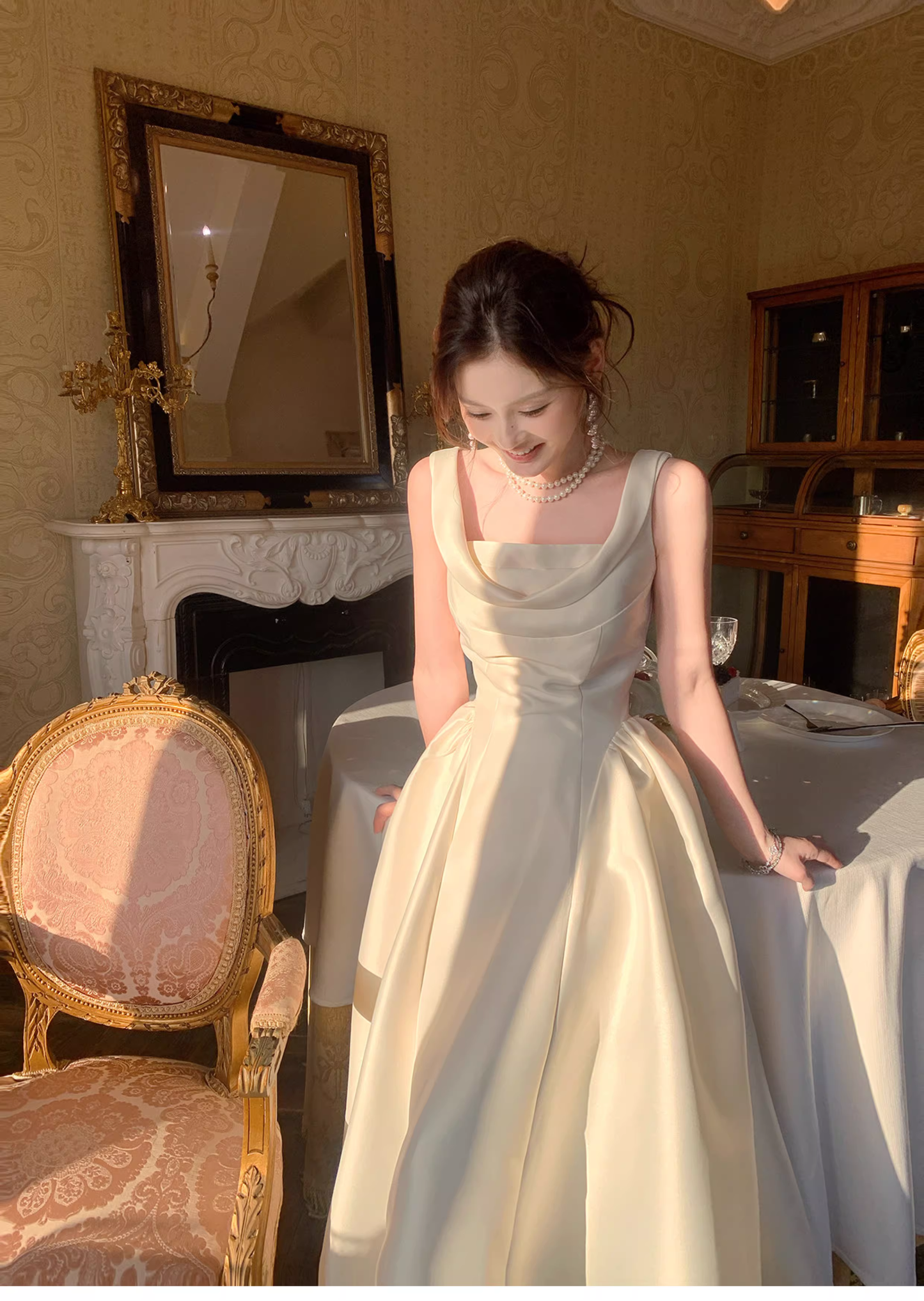 Elegant White Sleeveless Satin A Line Long Wedding Guest Dress Formal Birthday Evening Dress SP1641