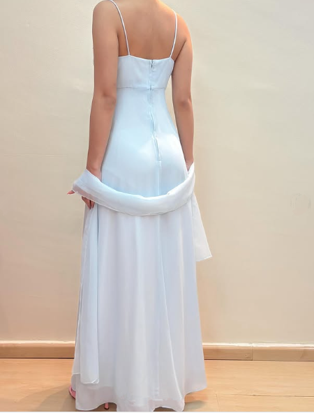 Elegant Pastel Blue Straps Chiffon Appliques Beaded Prom Evening Dress Y8142