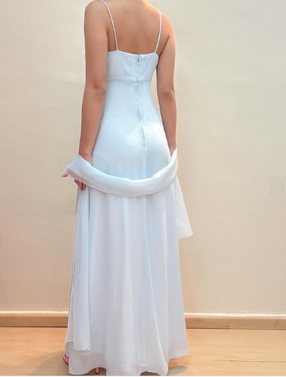 Elegant Pastel Blue Straps Chiffon Appliques Beaded Prom Evening Dress Y8142