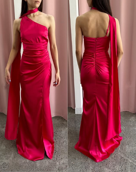 Elegant One Shoulder Hot Pink Satin Sheath Prom Dress Long Evening Dress Y8419