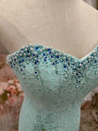 Beauty Strapless Tulle Lace Beaded Long Prom Dress Blue Mermaid Long Birthday Party Dress SP3836