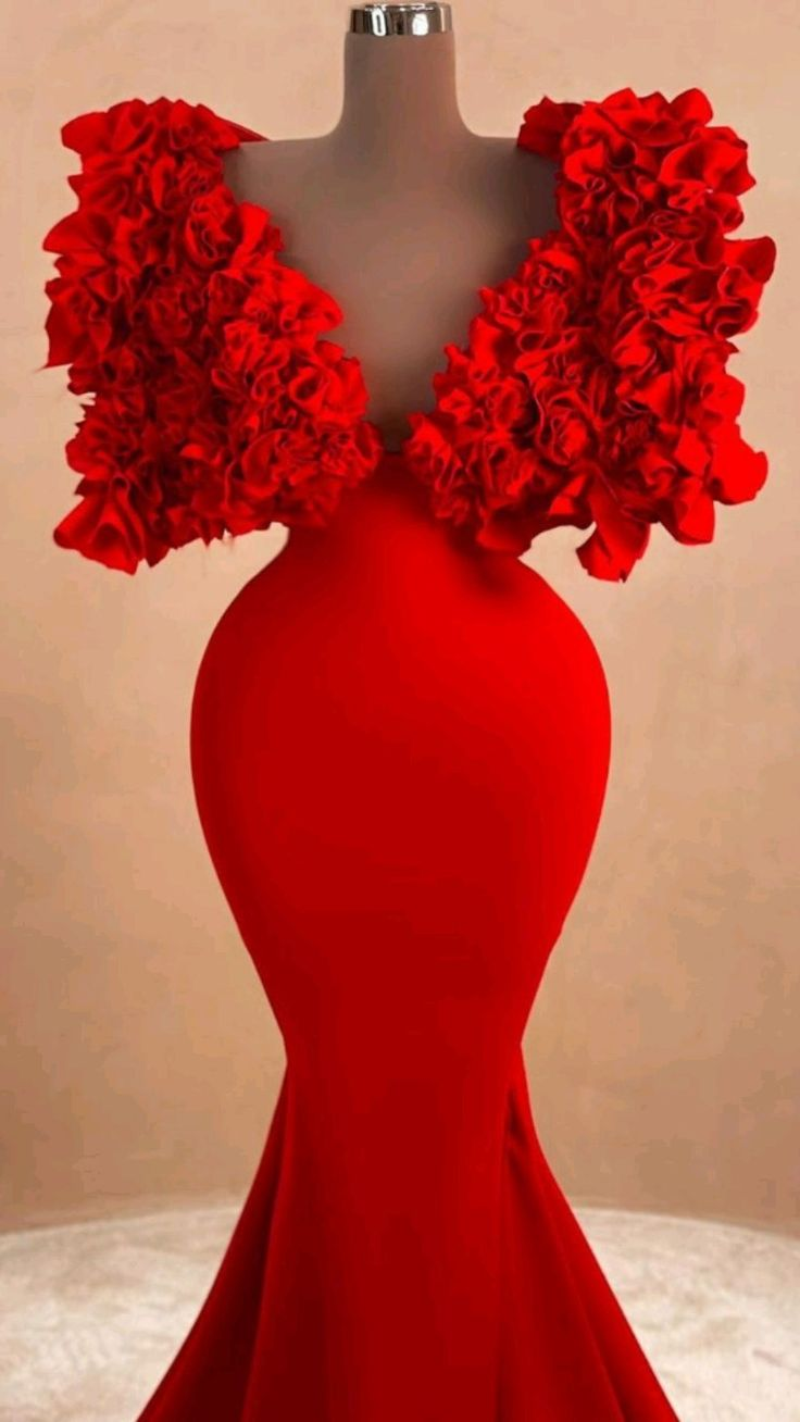 Women Red Long Evening Dress Mermaid Formal Dress Ruffles Cloud Shoulder  Y4932