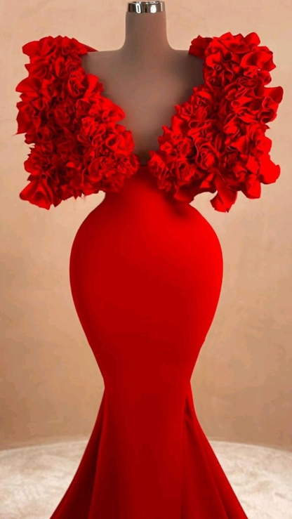 Women Red Long Evening Dress Mermaid Formal Dress Ruffles Cloud Shoulder  Y4932