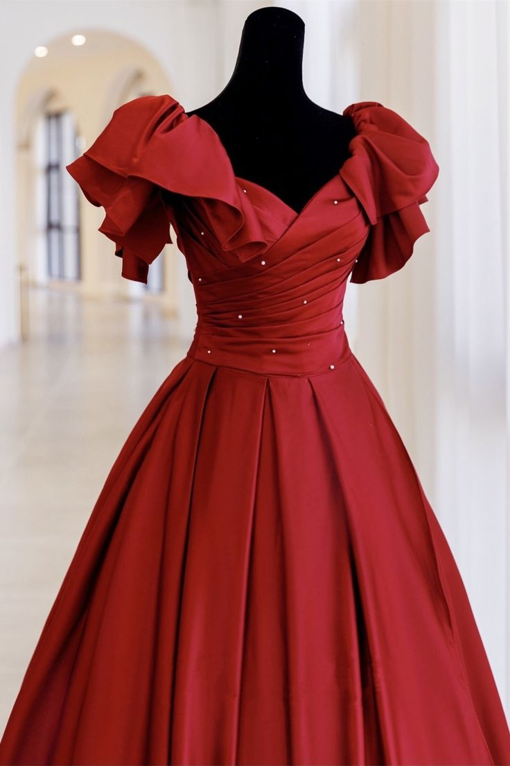 Red Satin Ball Gown With Bell Sleeves And Lace UP Back Long Prom Dress Y6067
