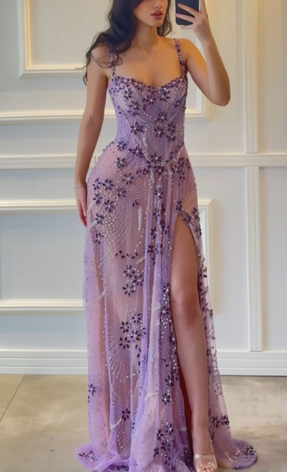 Gorgeous Spaghetti Straps Purple Tulle Beaded Slit Long Prom Gown Formal Evening Dress SP387
