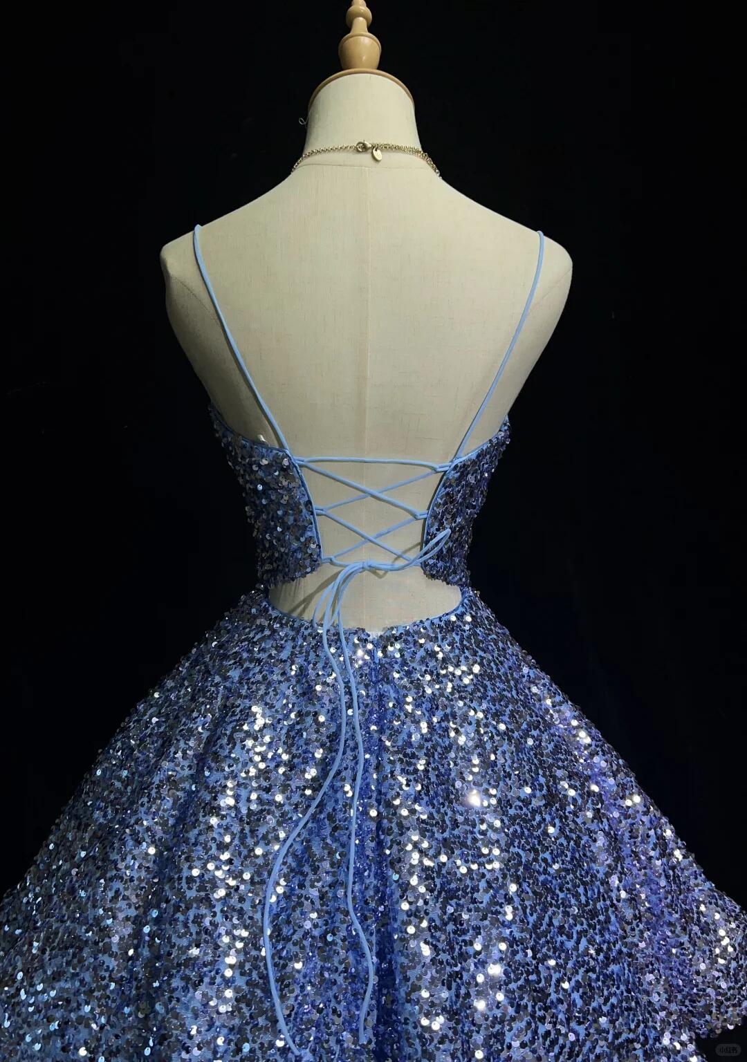 Glitter Blue Sequin A Line Short Homecoming Dress,Spaghetti Straps Mini Birthday Dress SP2918