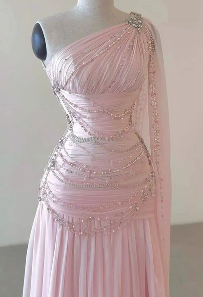 Classy One Shoulder Pink Long Chiffon Beaded Party Dress Prom Gown Y8772