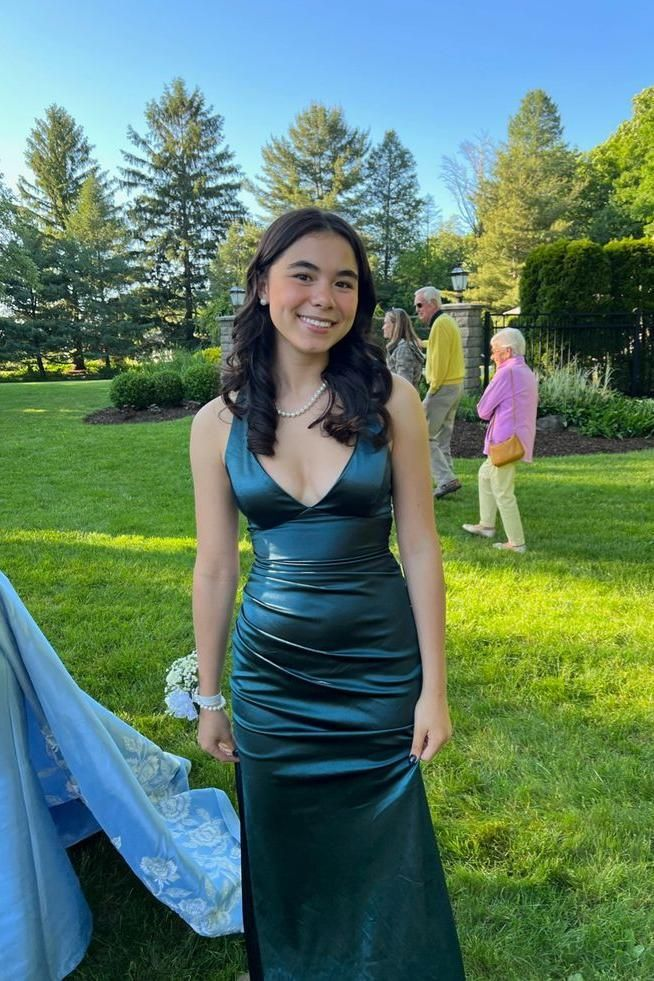 Long Formal Dress Womens Teal Strappy-back Satin Sleeveless Evening Dress Y2928