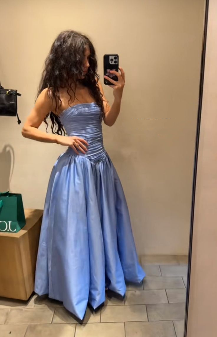 Classy Blue Satin Pleated Strapless A Line Long Wedding Guest Dress Formal Evening Dress SP2117