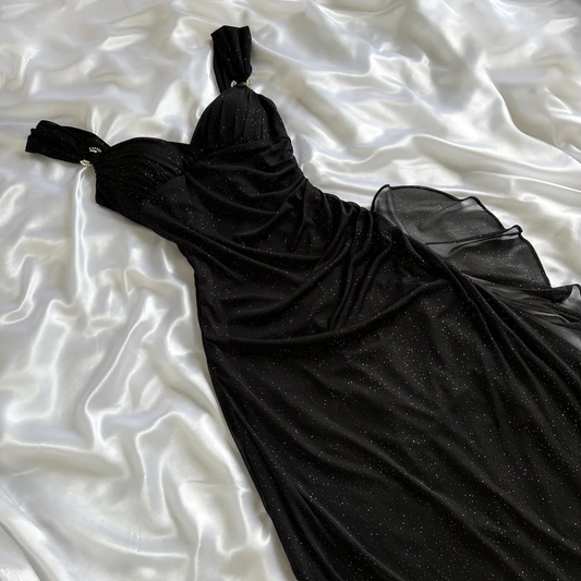Elegant Black Chiffon Sequin Long Prom Dress Birthday Party Dress Y9738