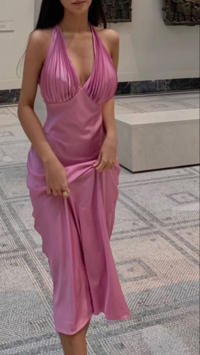 Pretty Halter Pink V Neck Satin Long Wedding Guest Dress Party Dress SP911