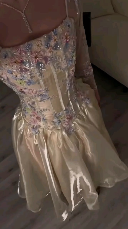 Classy Light Champagne Tulle Beaded Floral A Line Long Wedding Guest Dress Formal Evening Dress Birthday Dress SP2269