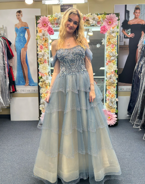 Glamorous Blue Tulle Beaded Layered Long Birthday Party Dress Prom Gown SP1084