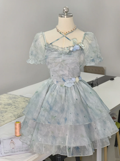 Sweet Sky Blue Organza Layered Short 15th Birthday Outfits Formal Graduation Homecoming Dress Y9404