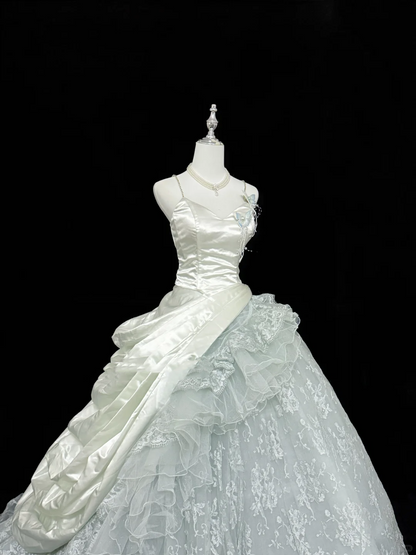 Pretty Spaghetti Straps Tulle Lace Satin Sweet 15 Dress Ice Blue Quinceanera Dress SP2214