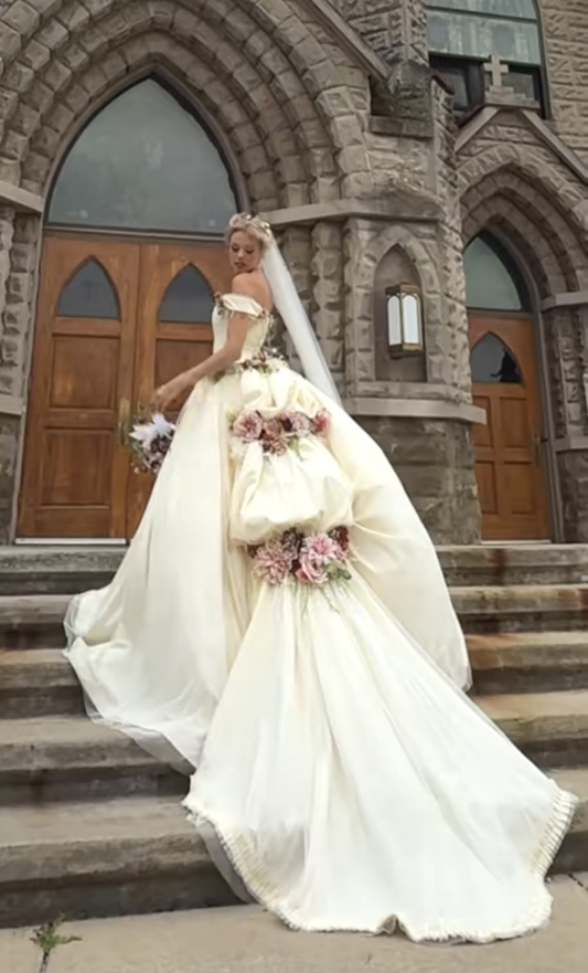 Elegant Off The Shoulder White Satin Pleated 3D Floral Long Wedding Dress Bridal Dress SP3676