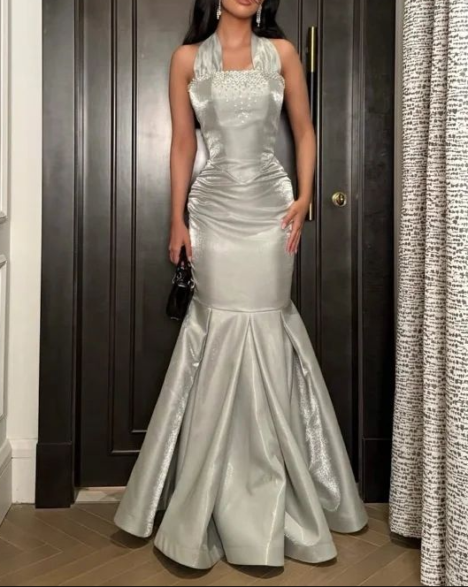 Elegant Silver Halter Satin Beaded Mermaid Long Evening Dress Formal Birthday Prom Gown SP1008