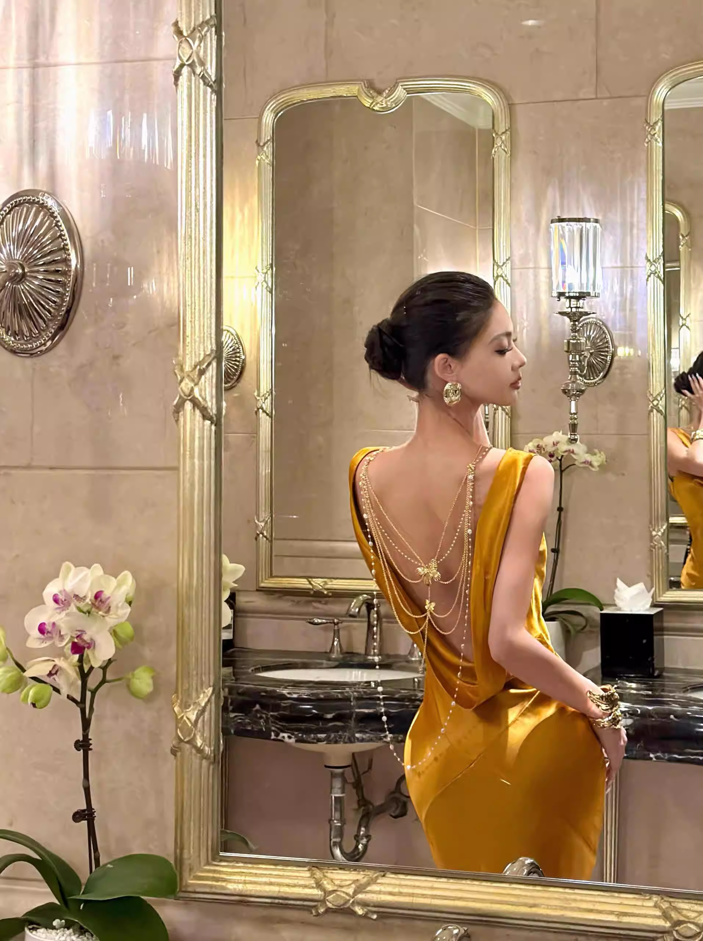 Stylish Gold Satin Mermaid Backless Long Evening Dress Formal 20th Birthday Outfits SP2030