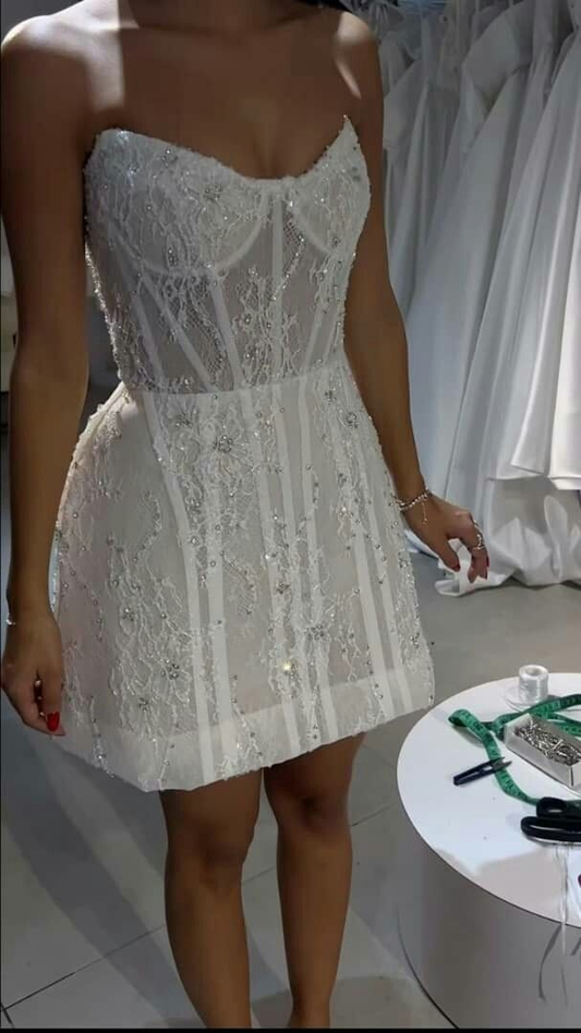 Elegant Strapless White Lace Beaded A Line Short 19th Birthday Outfits Formal Homecoming Dress Y9672