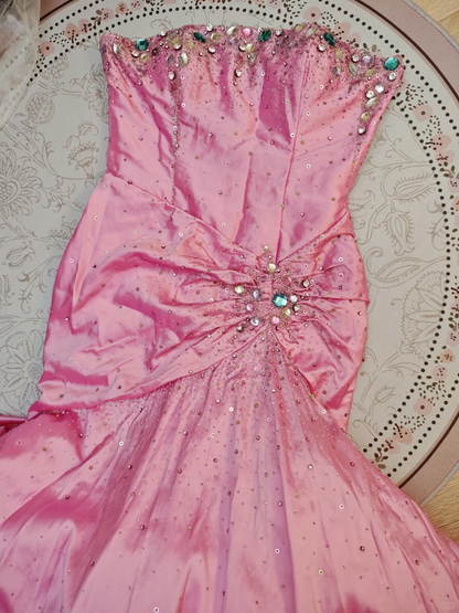 Gorgeous Strapless Pink Satin Pleated Mermaid Long Evening Dress 17th Birthday Dress With Beads SP2257