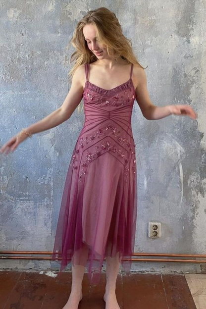 Pretty Spaghetti Straps Pink Tulle Beaded Mid-Length A Line Birthday Prom Dress Evening Gowns SP2105