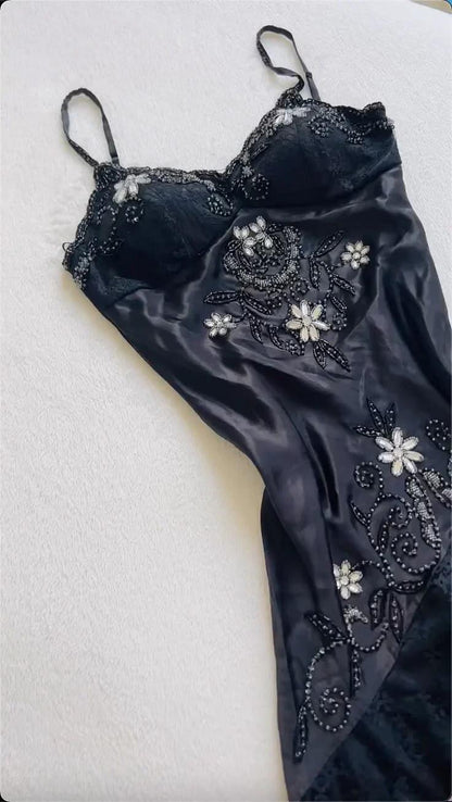 Gorgeous Spaghetti Straps Black Satin Lace Beaded Mermaid Long Party Dress Birthday Prom Gown SP2699