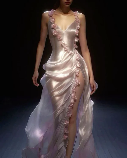 Pink V Neck 3D Flowers Sexy Long Prom Dress,High Slit Evening Party Dress Y8493