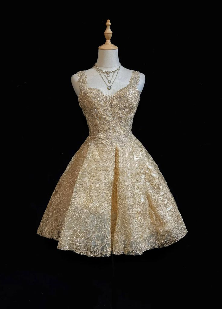 Gorgeous Gold Lace A Line Short Homecoming Dress 18th Birthday Outfits Y9687