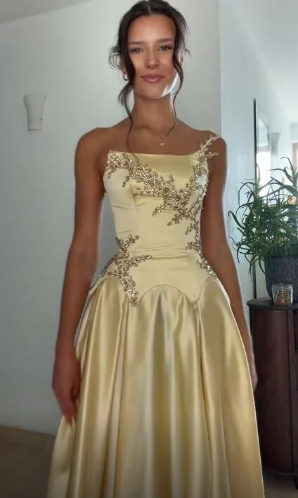Elegant Yellow Satin Beaded A Line Long Party Dress Prom Gown SP4161