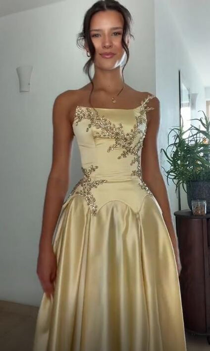 Elegant Yellow Satin Beaded A Line Long Party Dress Prom Gown SP4161
