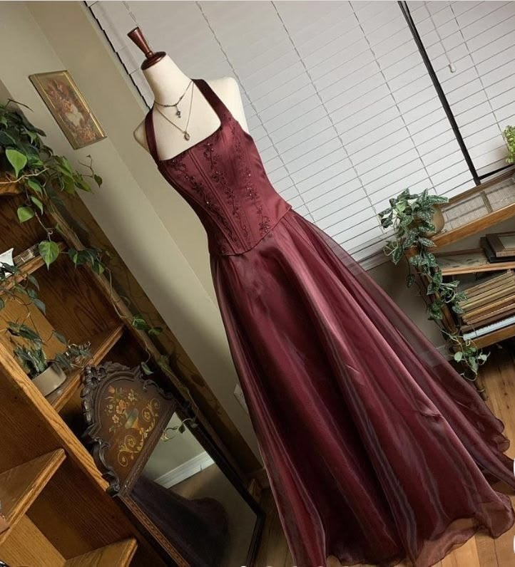 Vintage Burgundy Satin Beaded A Line Long Party Dress Prom Dresses SP2113