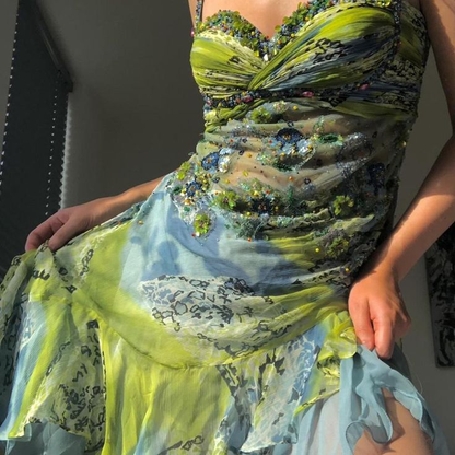 Vintage Spaghetti Straps Chiffon Beaded Short Cocktail Dress Formal Homecoming Dress Y9336