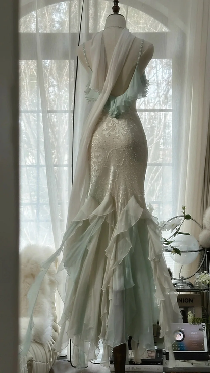 Elegant Green Chiffon Beaded Mermaid Prom Dress Long Party Gowns Y9731