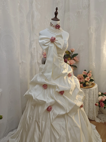 Elegant Strapless Bow Ball Gown White Satin Pleated Beaded Long Party Dress Birthday Dress With Rose Flowers SP2160