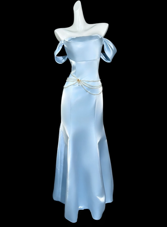 Elegant Blue Off The Shoulder Satin Mermaid Long Party Dress Prom Dress SP3509