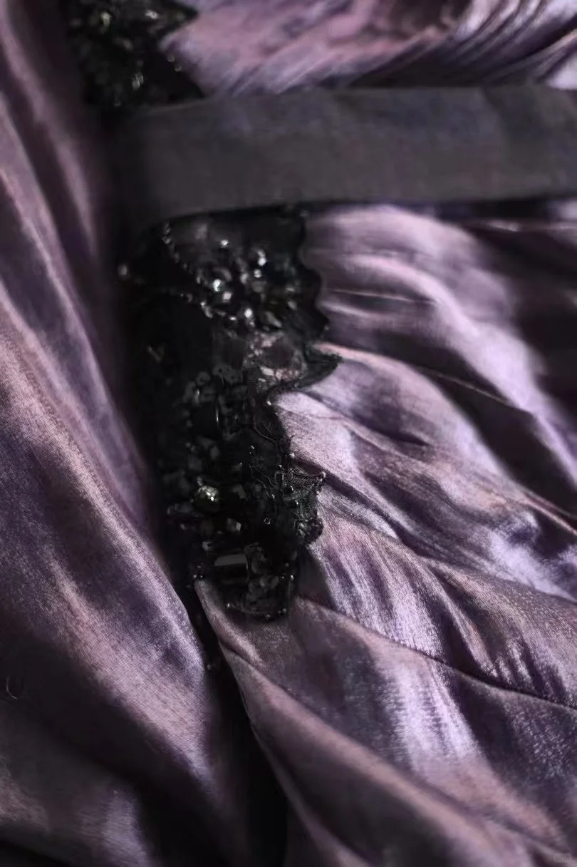 Vintage One Shoulder Purple Satin Beaded Mermaid Party Dress Long Birthday Prom Gown SP752