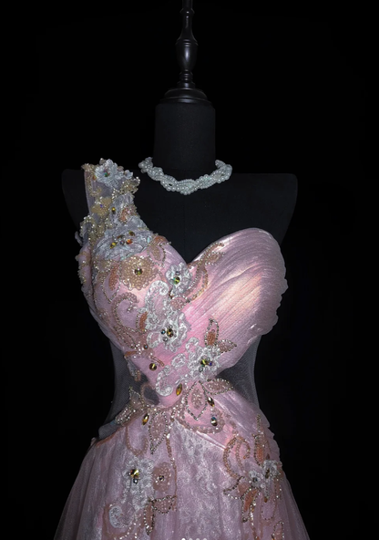 Beautiful One Shoulder Pink Tulle Lace Appliques Beaded Mermaid Prom Gown Long Evening Dress SP479