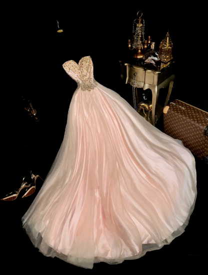 Gorgeous Light Pink Strapless Tulle Beaded Mermaid Party Dress Long Birthday Prom Gown SP956