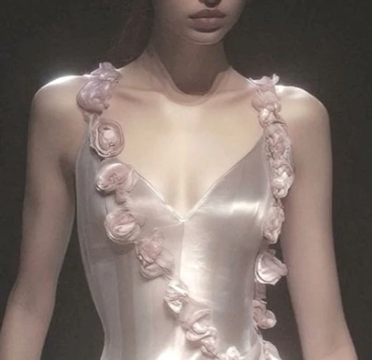 Pink V Neck 3D Flowers Sexy Long Prom Dress,High Slit Evening Party Dress Y8493