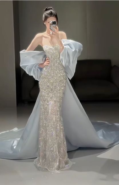 Sparkly Satin Beaded Mermaid Evening Dress,Long Prom Dress With Bow Y8330